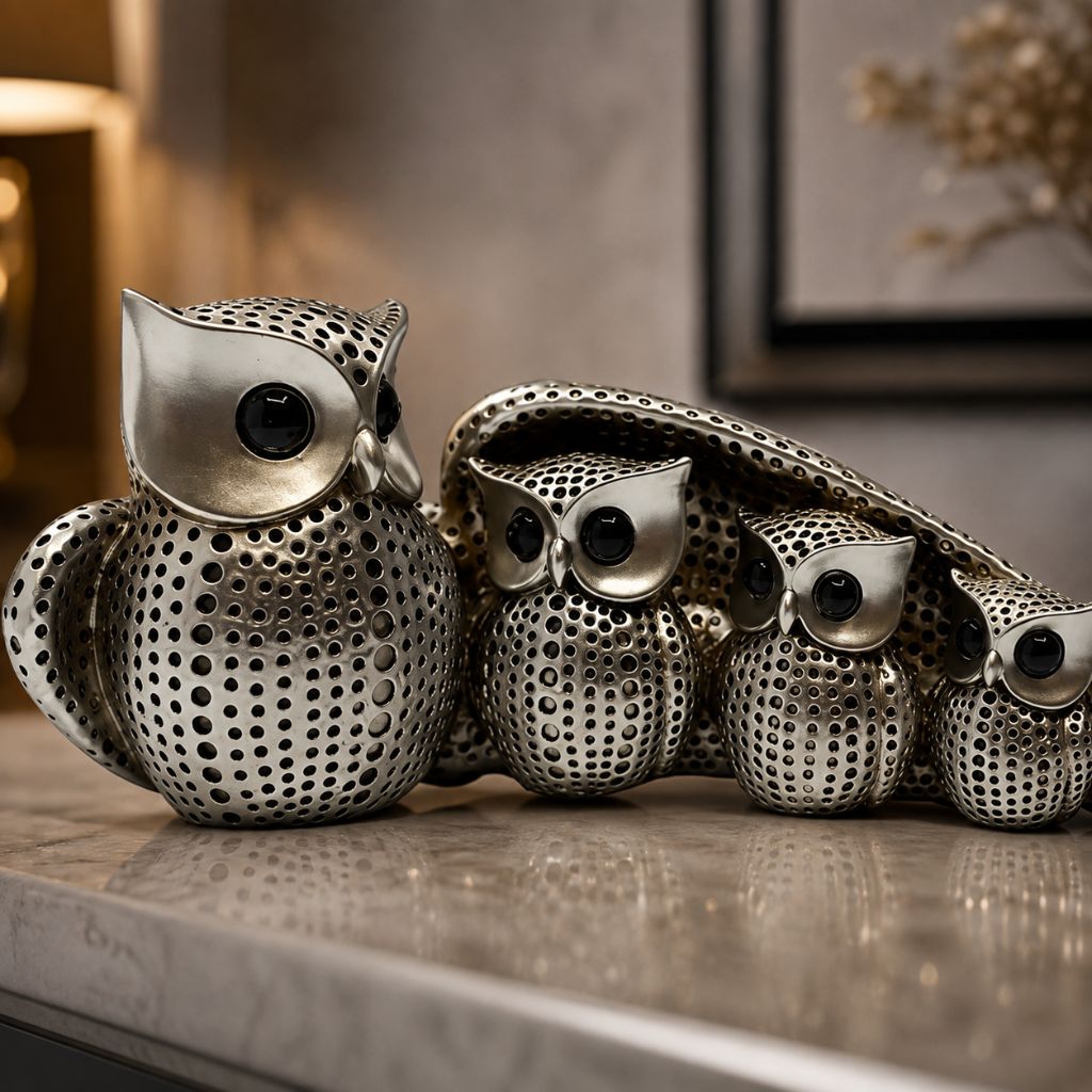 Owl Family Resin Figurine in Gold or Silver Finish