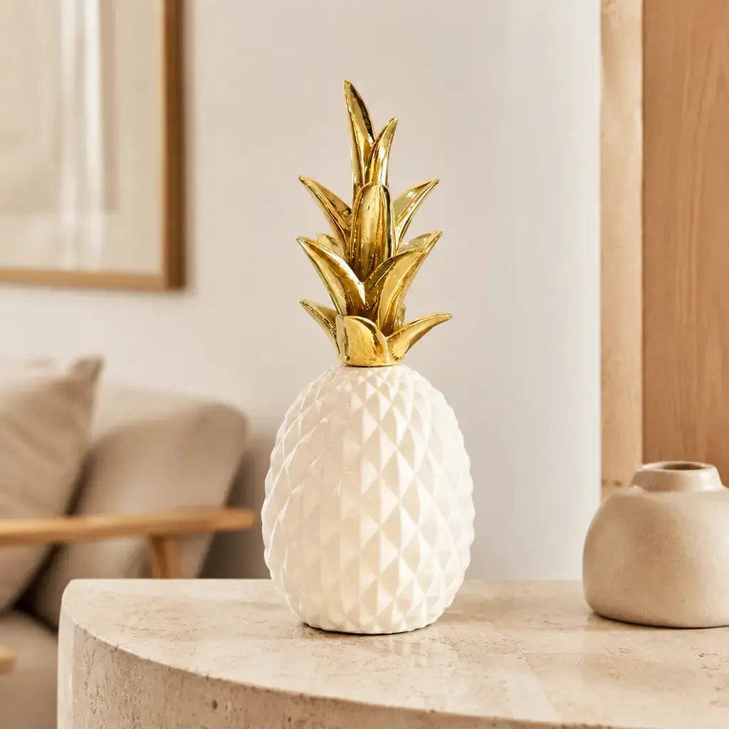 Resin Pineapple Decorative Sculpture in a warm Japandi living room