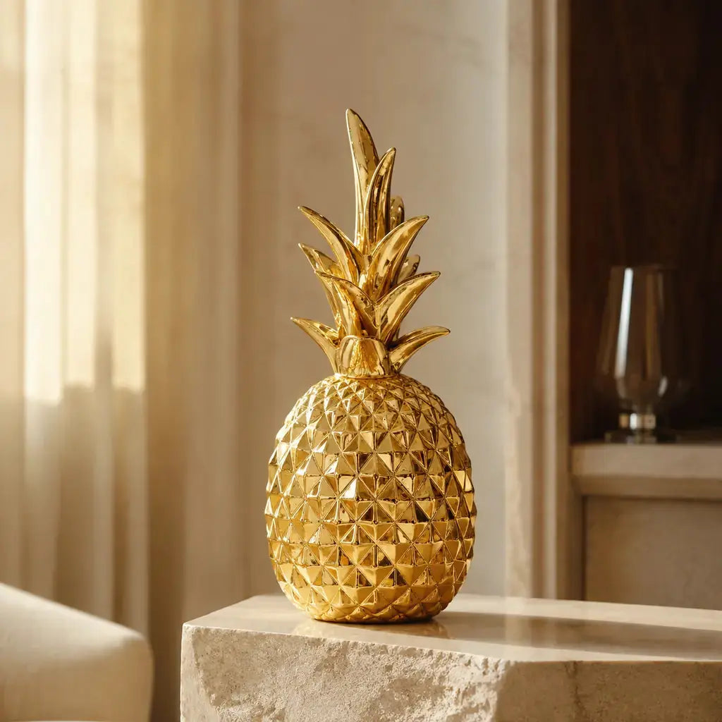 Gold Resin Pineapple Decorative Sculpture in a discreet luxury interior