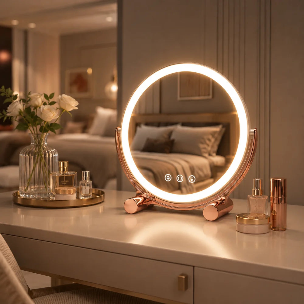 Pink tabletop led makeup mirror rechargeable touch control - view 2