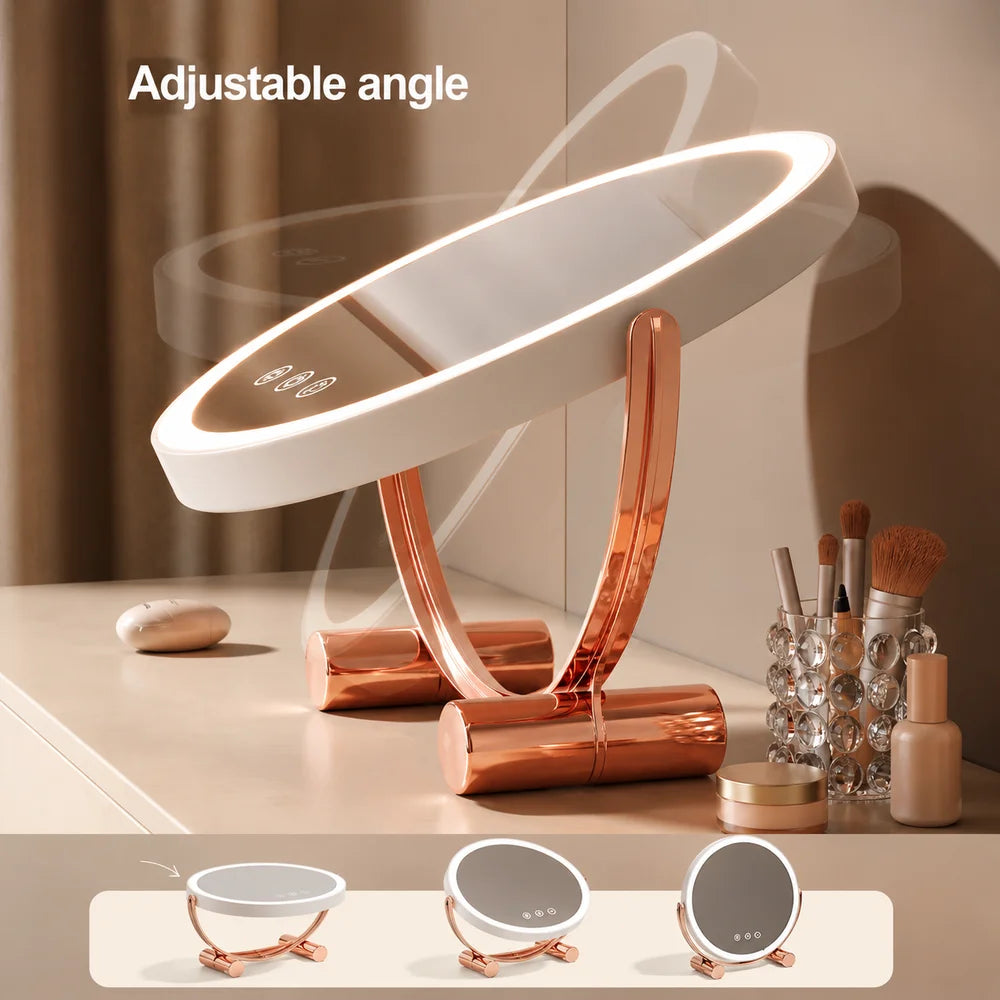 Pink tabletop led makeup mirror rechargeable touch control - view 4