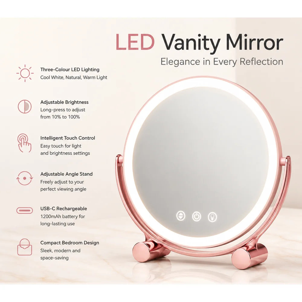 Pink tabletop led makeup mirror rechargeable touch control - view 5