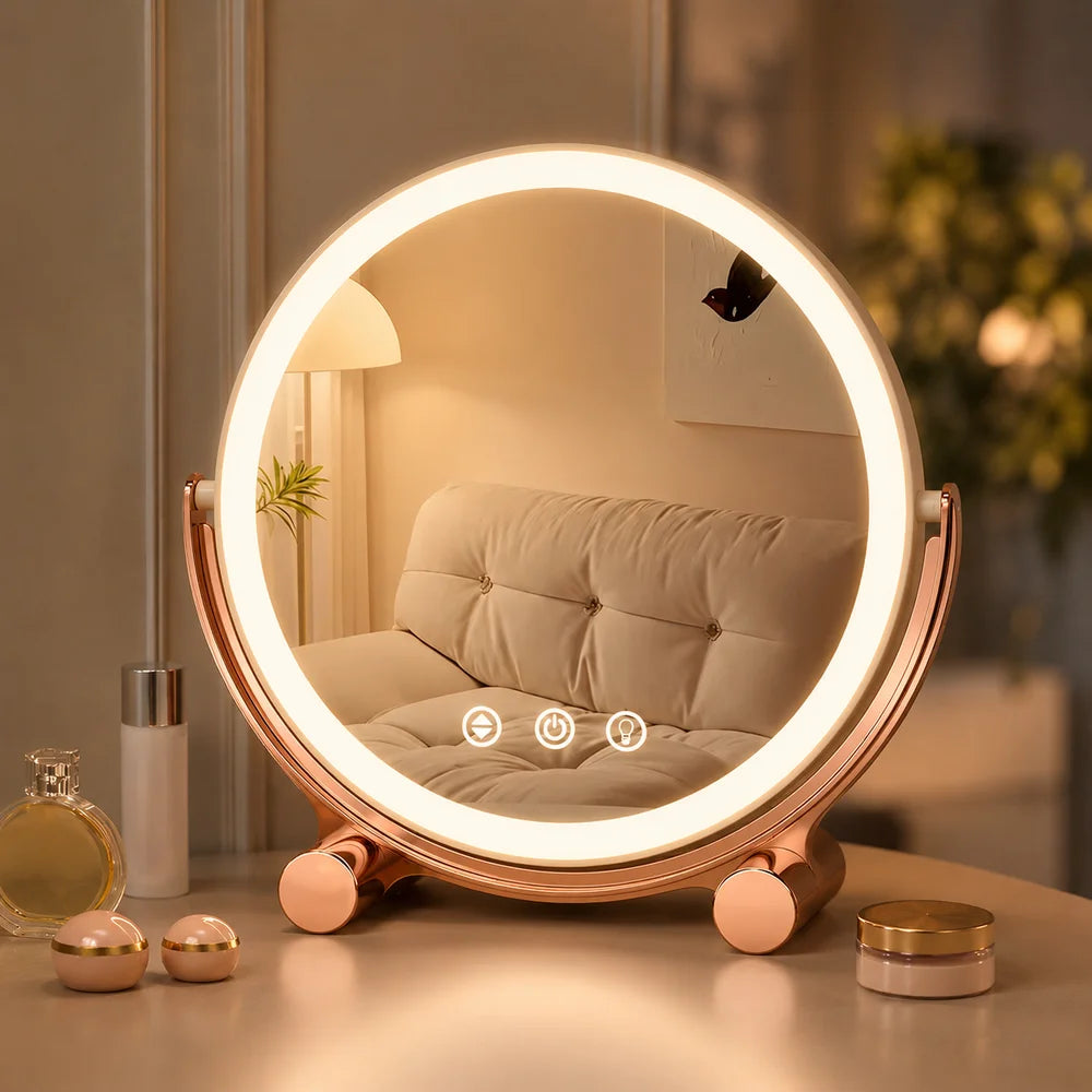 Pink tabletop led makeup mirror rechargeable touch control - view 7