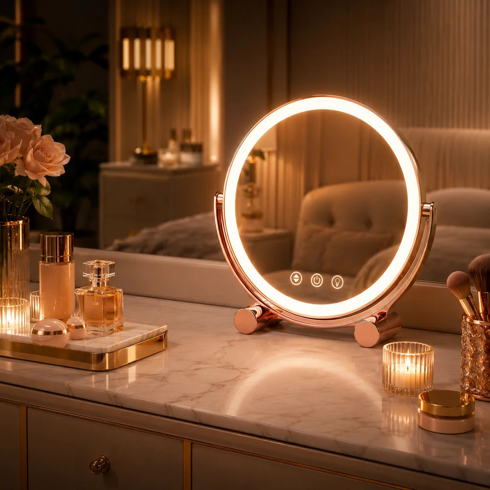 Pink tabletop led makeup mirror rechargeable touch control - view 11
