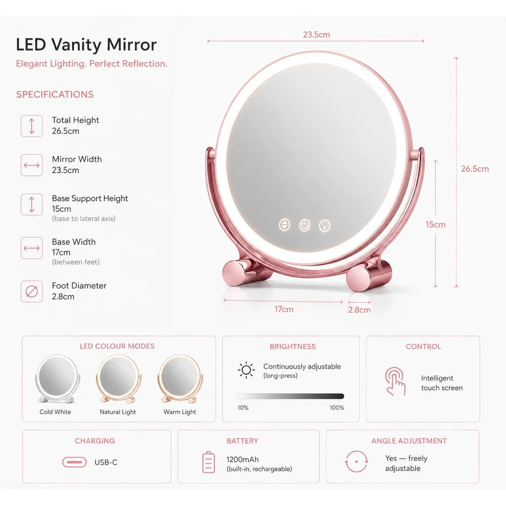 Pink tabletop led makeup mirror rechargeable touch control - view 14