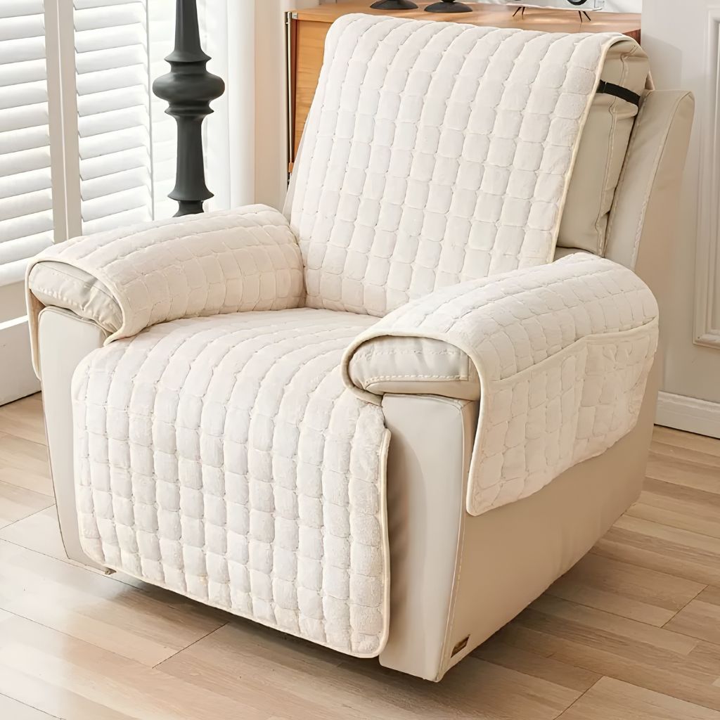 Plush Quilted Recliner Chair Cover with Side Storage Pockets