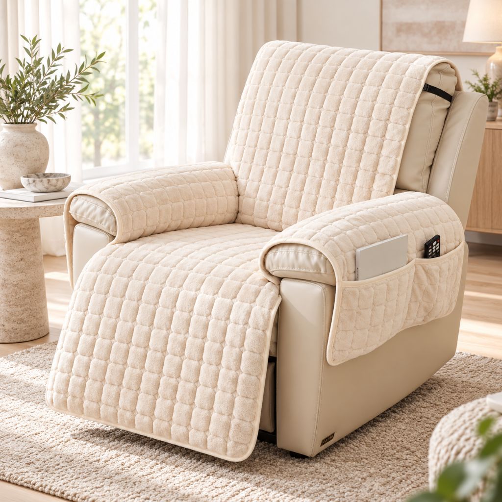 Plush Quilted Recliner Chair Cover with Side Storage Pockets