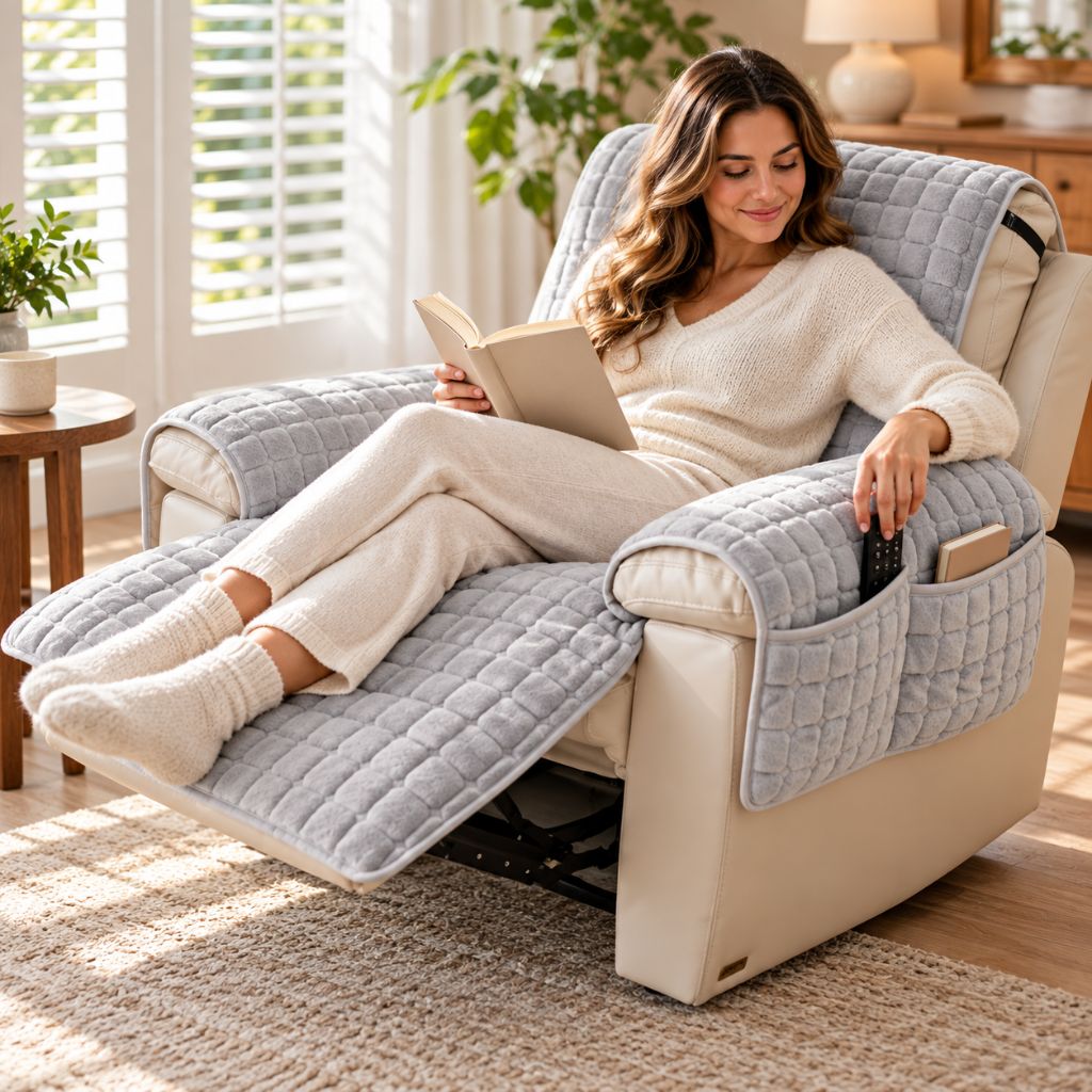 Plush Quilted Recliner Chair Cover with Side Storage Pockets