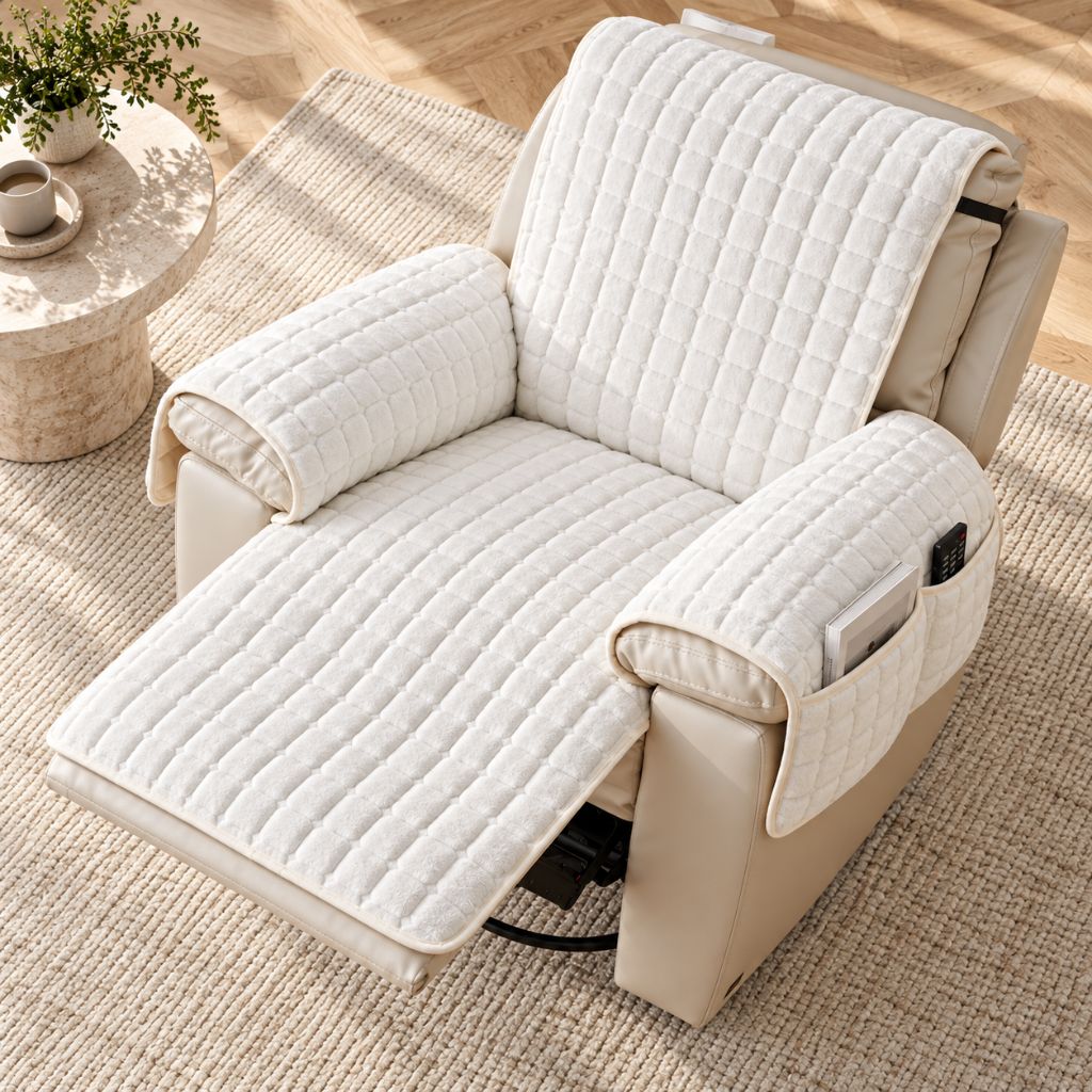 Plush Quilted Recliner Chair Cover with Side Storage Pockets
