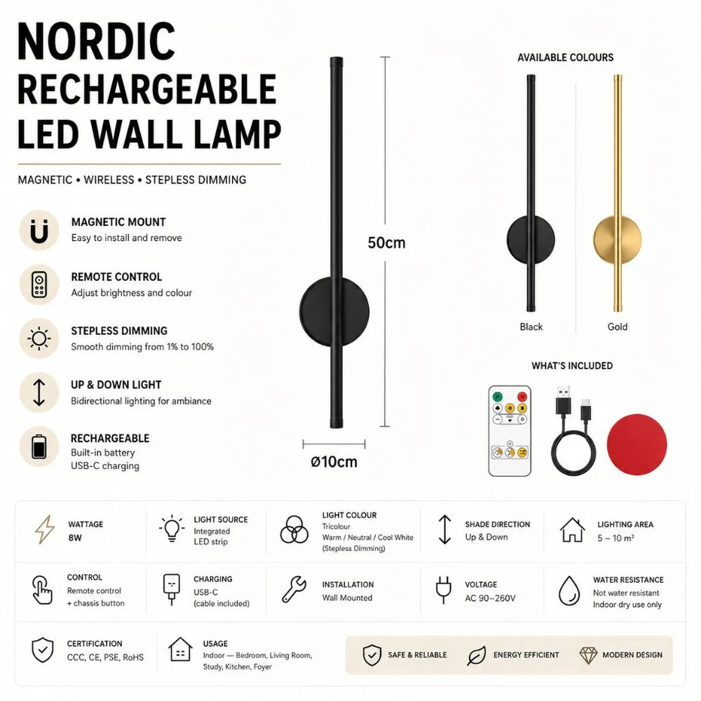 Rechargeable led wall lamp magnetic wireless remote stepless dimming - view 11
