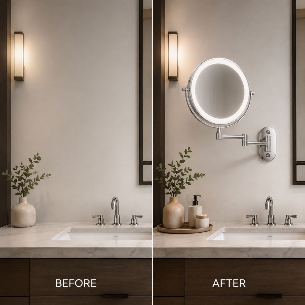 Rechargeable Silver LED Mirror – Adjustable Lighting & Magnification