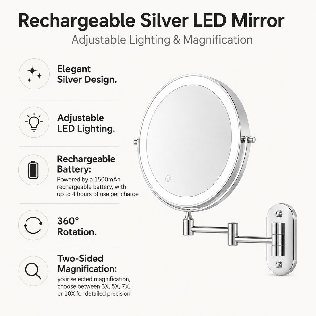 Rechargeable Silver LED Mirror – Adjustable Lighting & Magnification