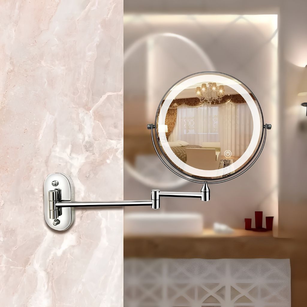 Rechargeable Silver LED Mirror – Adjustable Lighting & Magnification