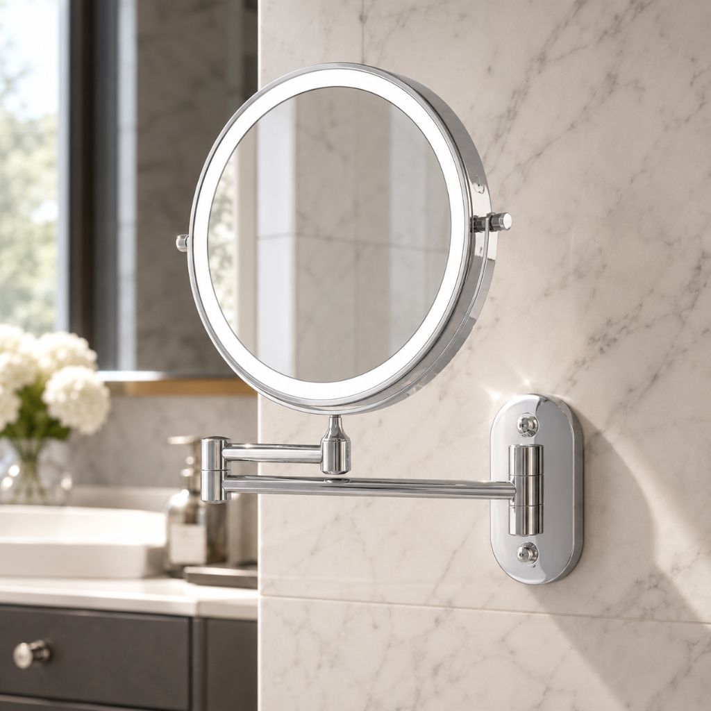 Rechargeable Silver LED Mirror – Adjustable Lighting & Magnification