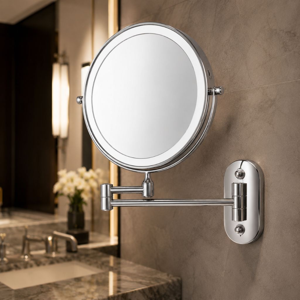 Rechargeable Silver LED Mirror – Adjustable Lighting & Magnification