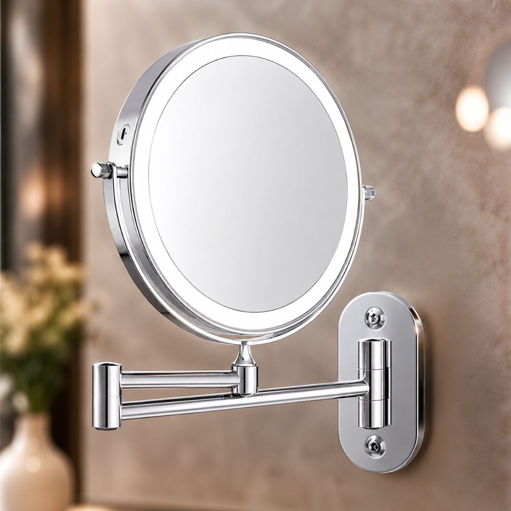 Rechargeable Silver LED Mirror – Adjustable Lighting & Magnification