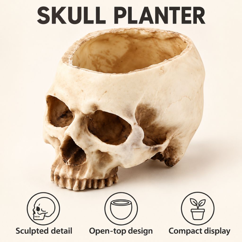 Resin Skull Planter for Gothic and Halloween Decor
