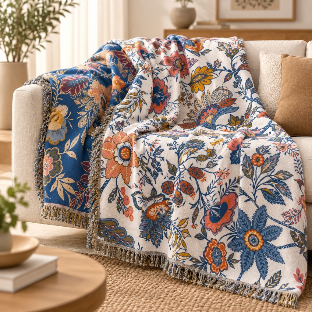 Reversible Floral Cotton Jacquard Throw Blanket