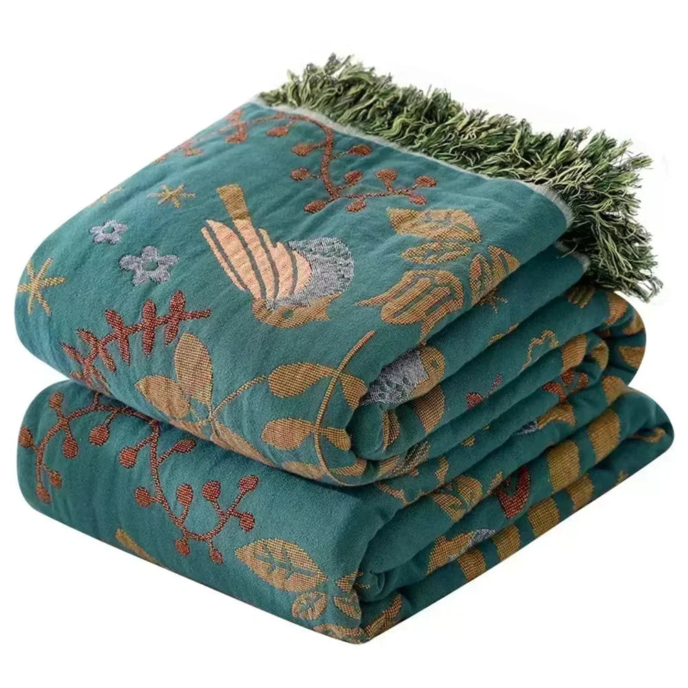 Reversible nordic bird cotton throw blanket fringed edges – view 4