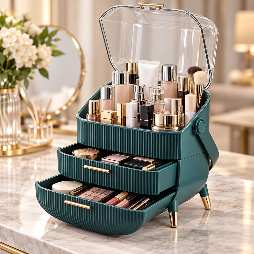 Ribbed Makeup Organiser with Dust Cover and Two Drawers