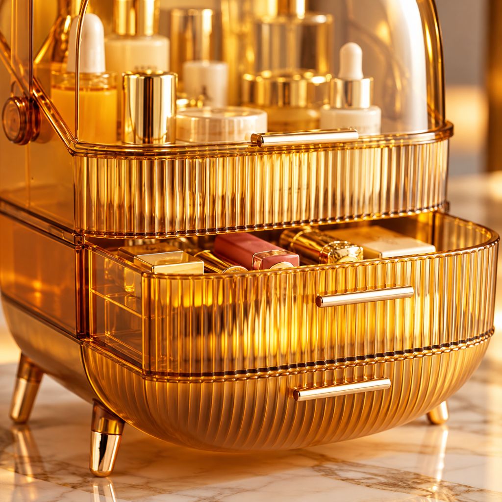 Ribbed Makeup Organiser with Dust Cover and Two Drawers