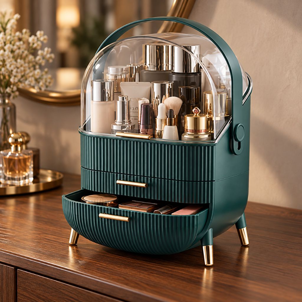 Ribbed Makeup Organiser with Dust Cover and Two Drawers