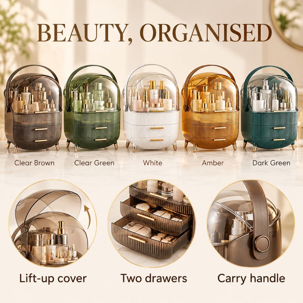 Ribbed Makeup Organiser with Dust Cover and Two Drawers
