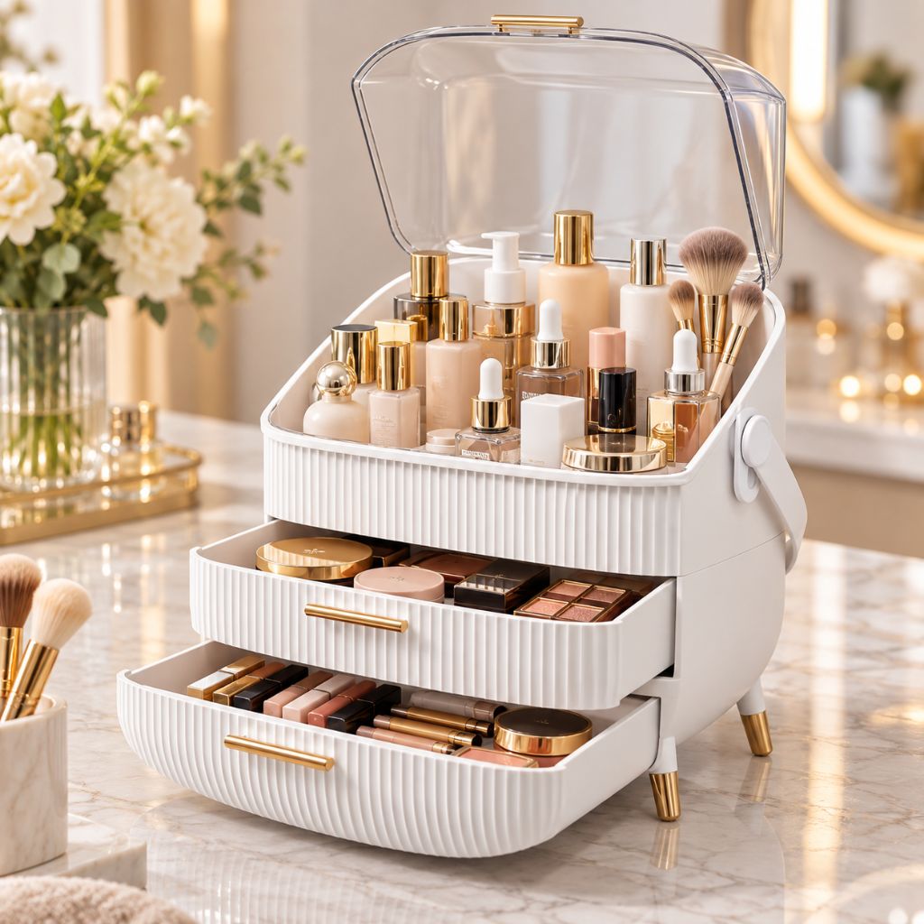 Ribbed Makeup Organiser with Dust Cover and Two Drawers