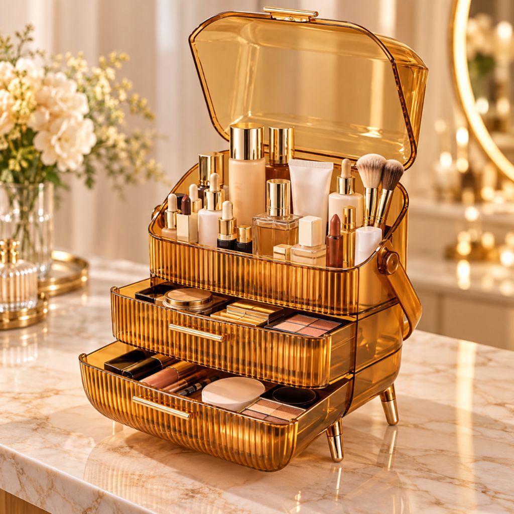 Ribbed Makeup Organiser with Dust Cover and Two Drawers