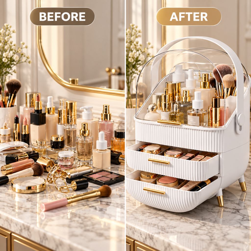 Ribbed Makeup Organiser with Dust Cover and Two Drawers