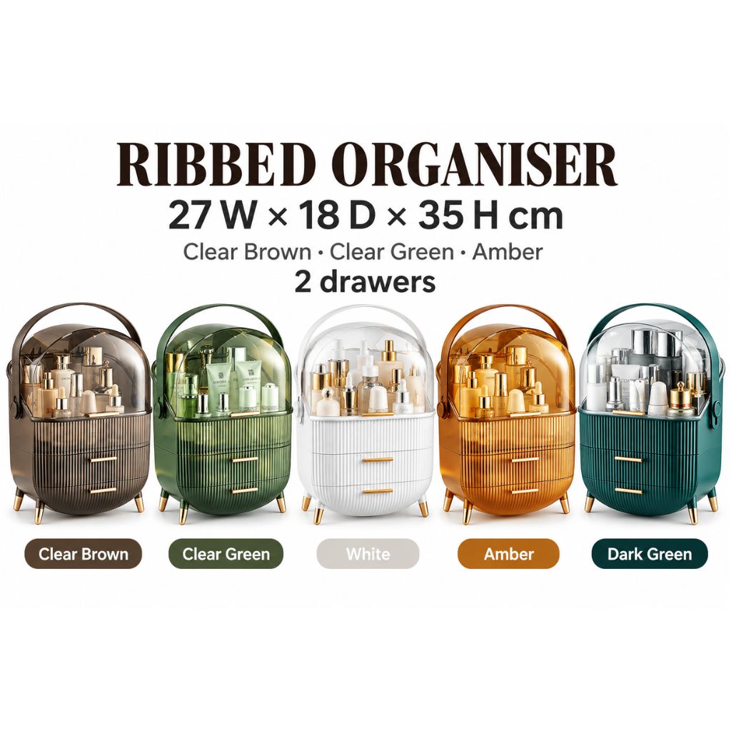 Ribbed Makeup Organiser with Dust Cover and Two Drawers