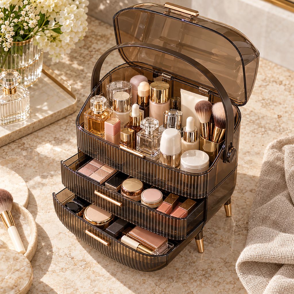 Ribbed Makeup Organiser with Dust Cover and Two Drawers