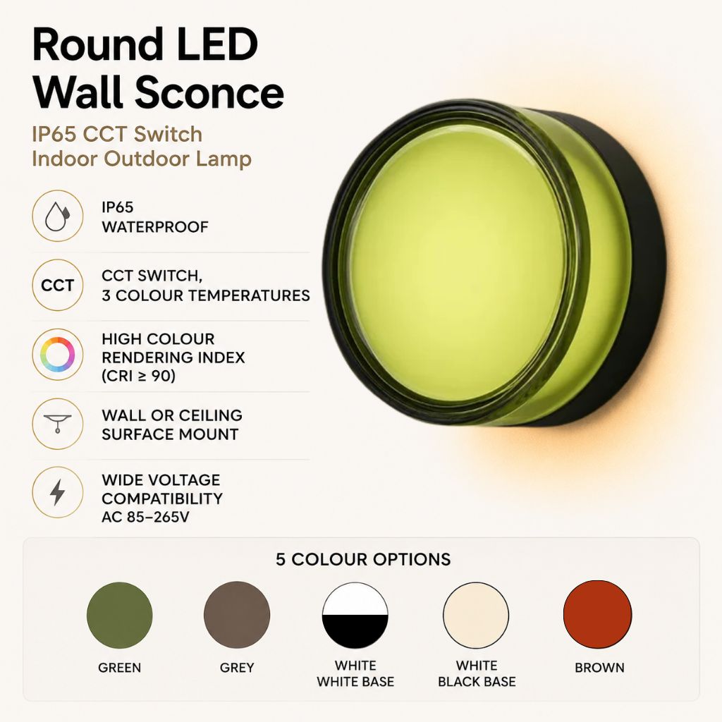 Round LED Wall Sconce IP65 CCT Switch Indoor Outdoor Lamp