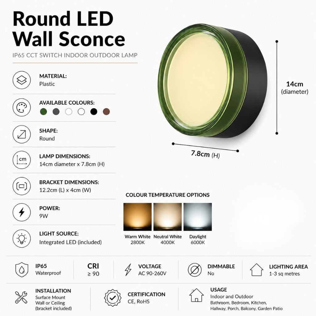 Round LED Wall Sconce IP65 CCT Switch Indoor Outdoor Lamp