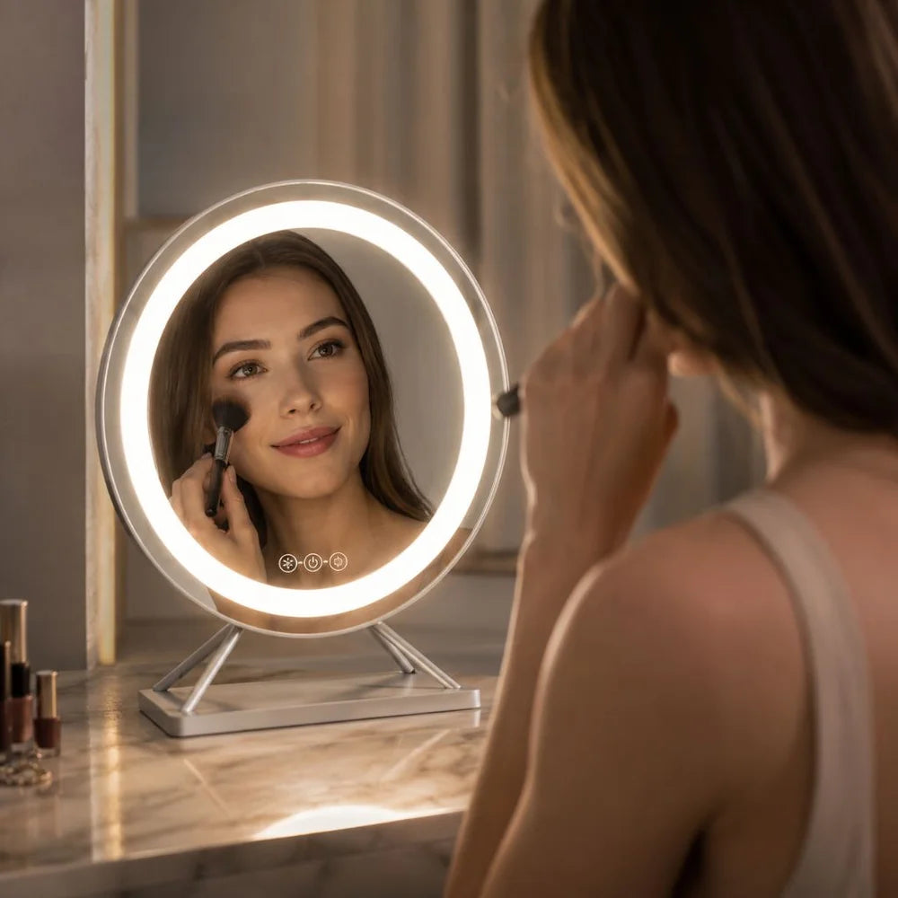 Round lighted vanity makeup mirror led dimmable 15x magnifying – view 3