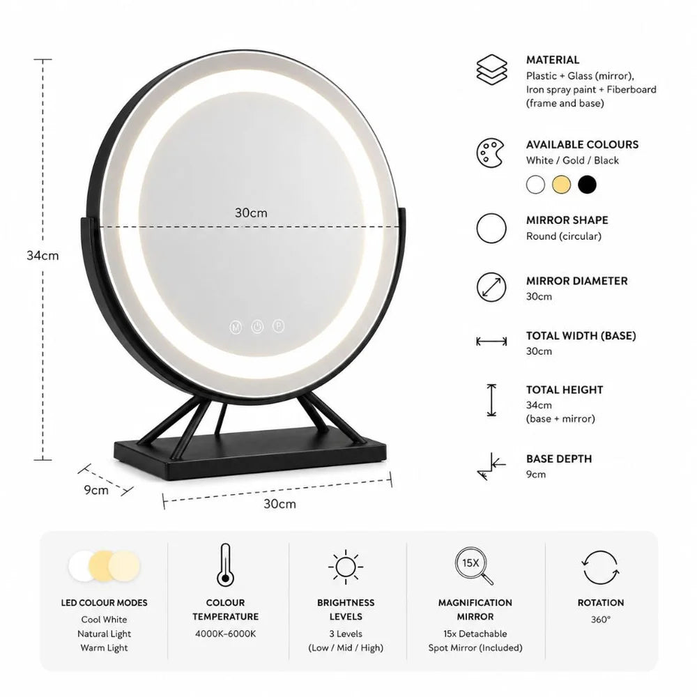 Round lighted vanity makeup mirror led dimmable 15x magnifying – view 18