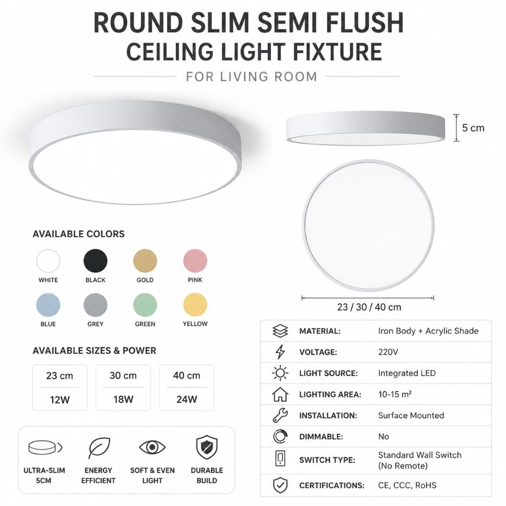 Round Slim Semi Flush Ceiling Light Fixture For Living Room
