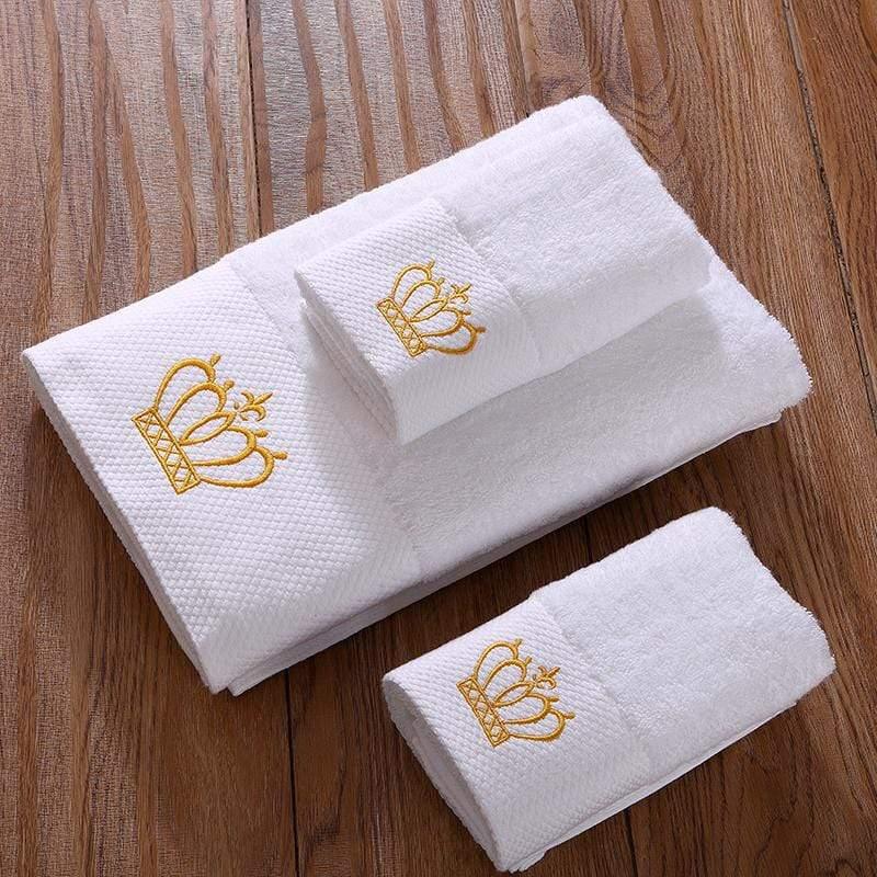 Cotton Towel Set with Embroidered Crown Design