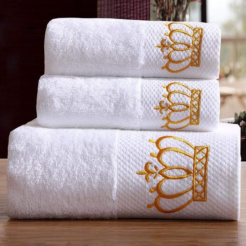 Cotton Towel Set with Embroidered Crown Design