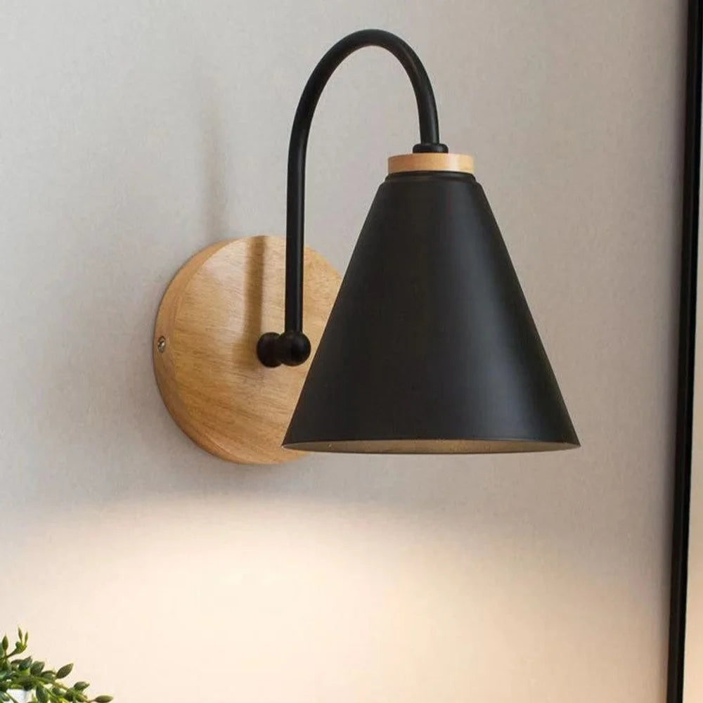 Scandinavian cone shade curved arm wooden wall sconce