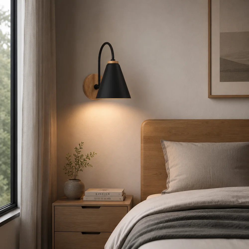 Scandinavian cone shade curved arm wooden wall sconce – view 3