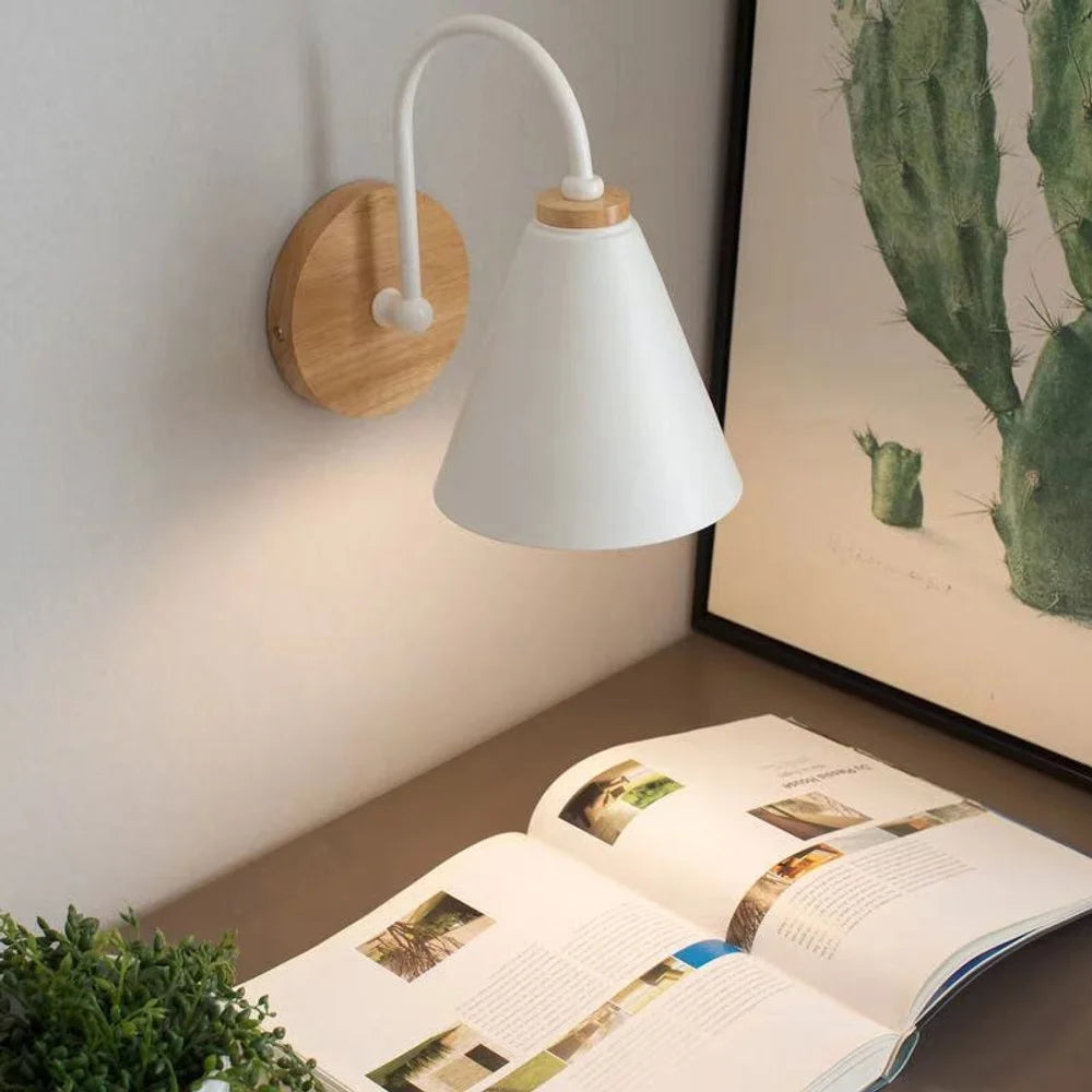 Scandinavian cone shade curved arm wooden wall sconce – view 4
