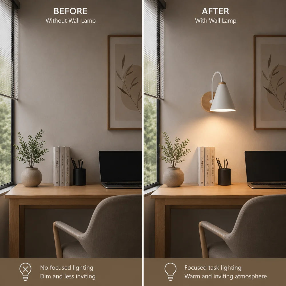Scandinavian cone shade curved arm wooden wall sconce – view 5