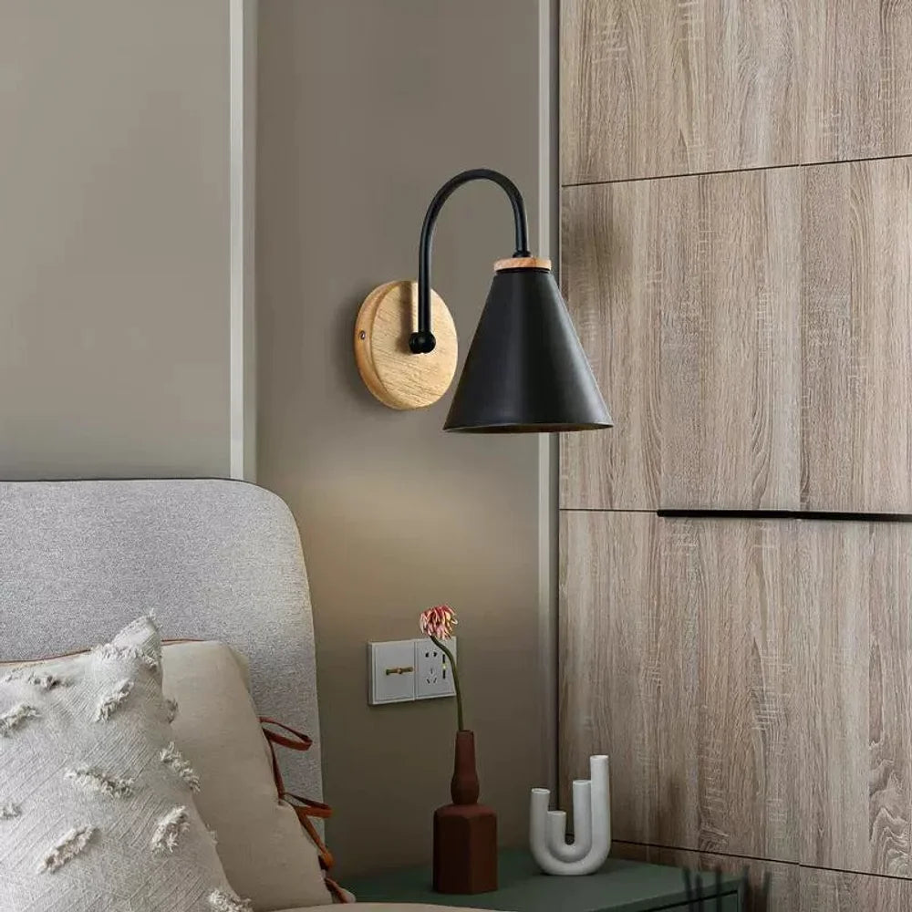 Scandinavian cone shade curved arm wooden wall sconce – view 8