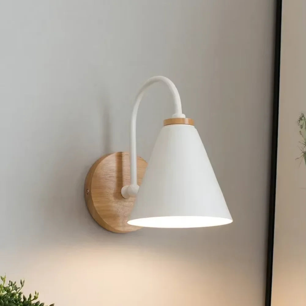 Scandinavian cone shade curved arm wooden wall sconce – view 12