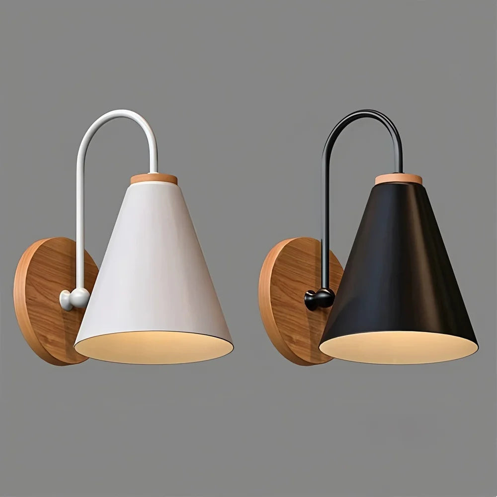 Scandinavian cone shade curved arm wooden wall sconce – view 14