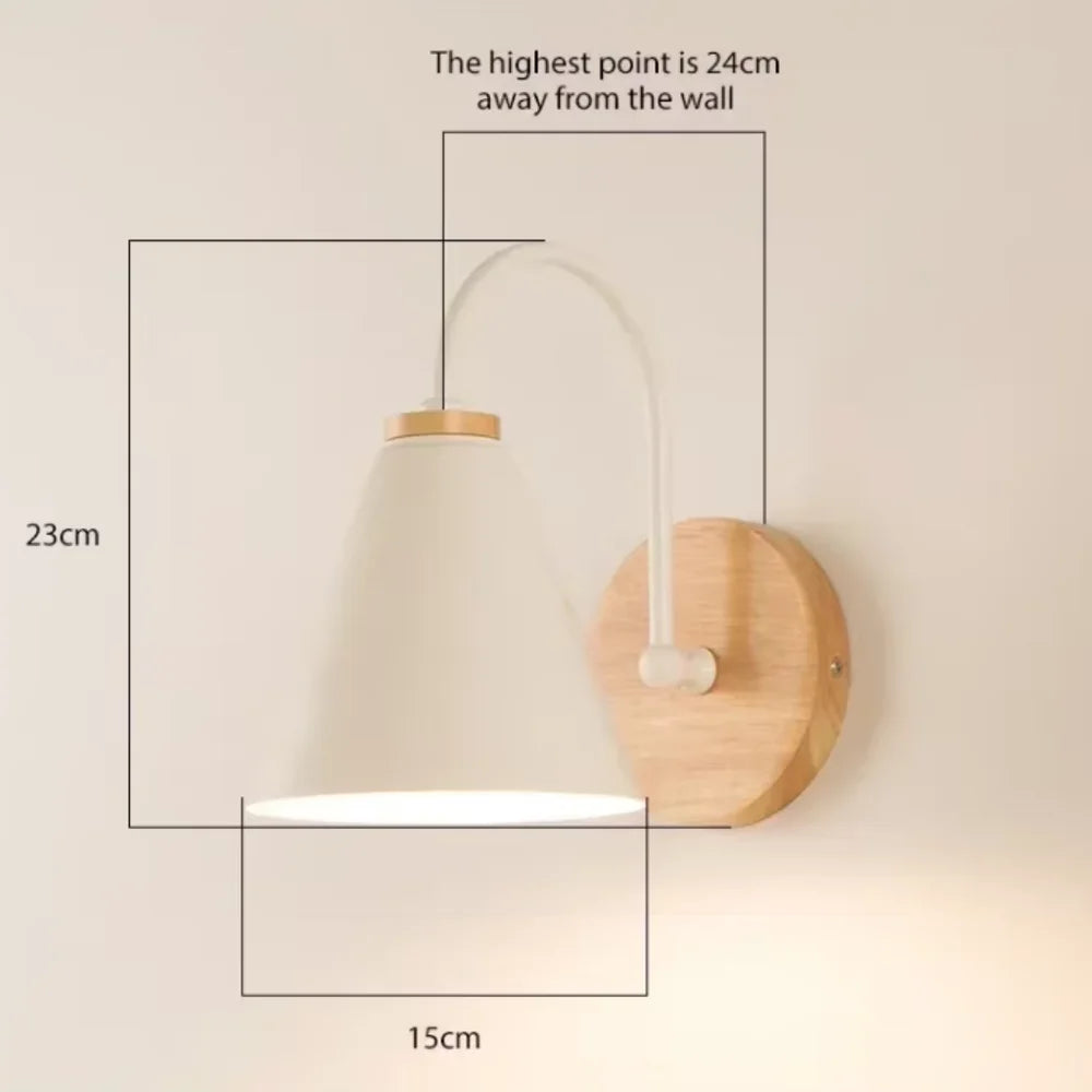 Scandinavian cone shade curved arm wooden wall sconce – view 18
