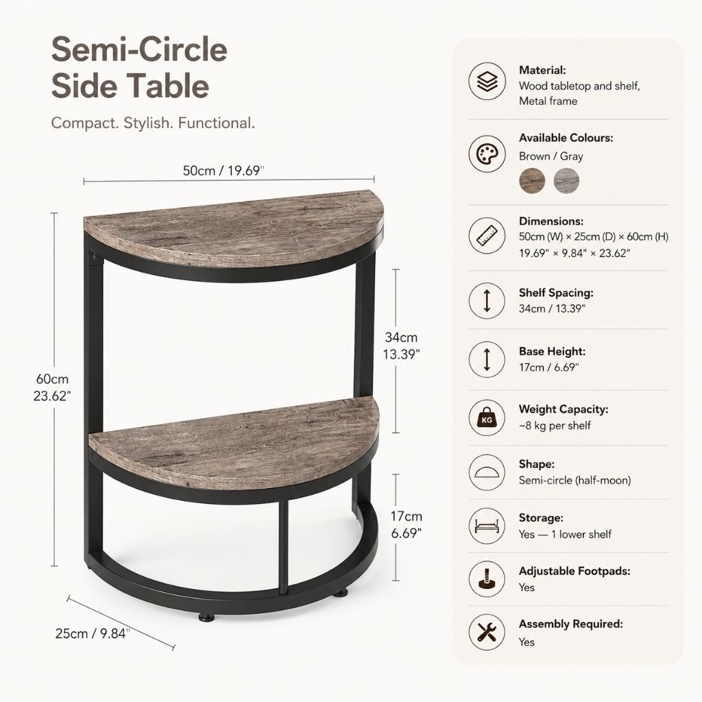 Semi Circle End Table Half Round Side Table with Storage Shelf Slim