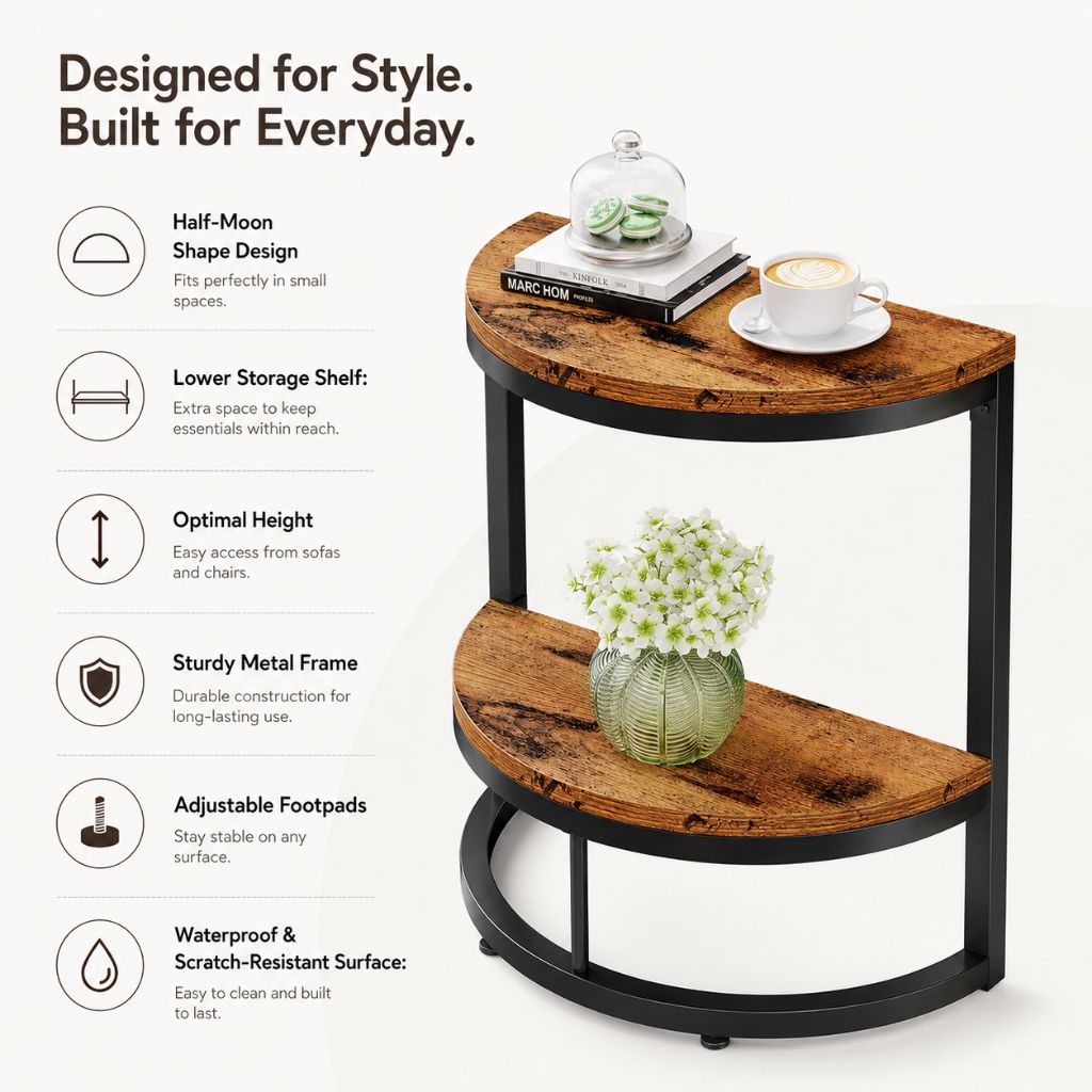 Semi Circle End Table Half Round Side Table with Storage Shelf Slim