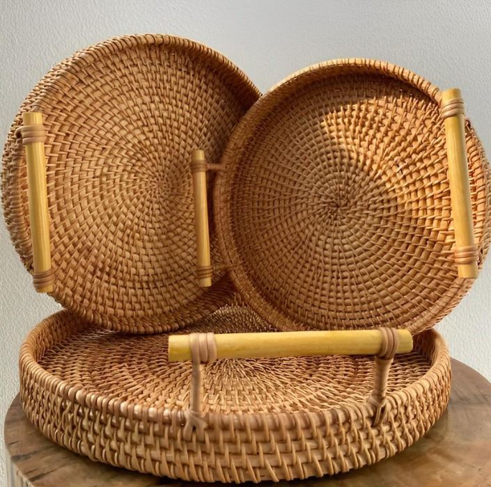 Handwoven Rattan Storage Tray with Wooden Handle